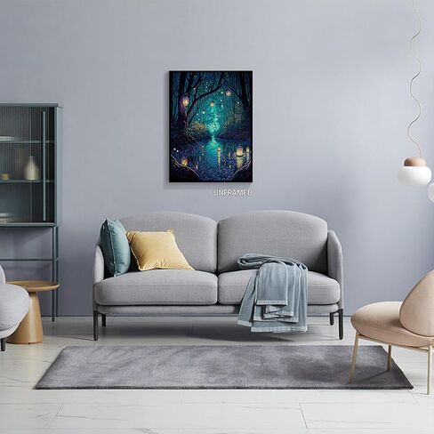 Yuaruo Halloween Fantasy Forest Canvas Wall Art، فوانيس سحرية رائعة على الأشجار ملصق أزرق للغرفة الجمالية، الجنية العجائب ليلة داكنة اليراعات النهر صورة طباعة ديكور 12x16in غير مؤطرة in Kuwait