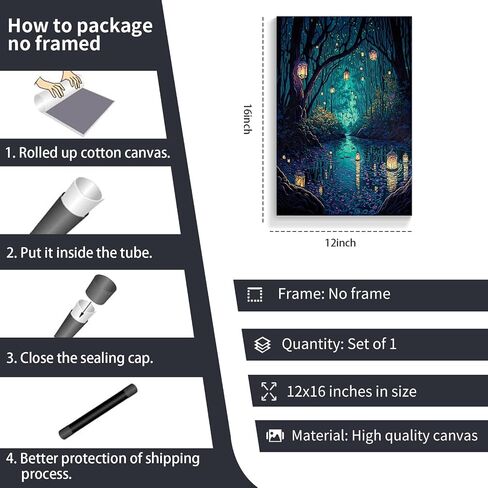 Yuaruo Halloween Fantasy Forest Canvas Wall Art، فوانيس سحرية رائعة على الأشجار ملصق أزرق للغرفة الجمالية، الجنية العجائب ليلة داكنة اليراعات النهر صورة طباعة ديكور 12x16in غير مؤطرة in Kuwait