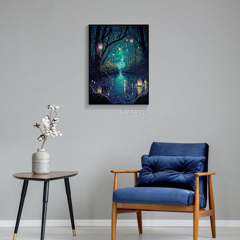 Yuaruo Halloween Fantasy Forest Canvas Wall Art، فوانيس سحرية رائعة على الأشجار ملصق أزرق للغرفة الجمالية، الجنية العجائب ليلة داكنة اليراعات النهر صورة طباعة ديكور 12x16in غير مؤطرة in Kuwait