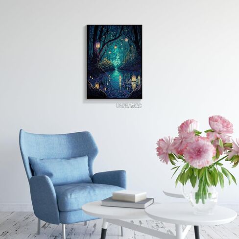 Yuaruo Halloween Fantasy Forest Canvas Wall Art، فوانيس سحرية رائعة على الأشجار ملصق أزرق للغرفة الجمالية، الجنية العجائب ليلة داكنة اليراعات النهر صورة طباعة ديكور 12x16in غير مؤطرة in Kuwait