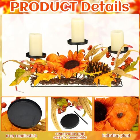 Yaomiao Thanksgiving Candle Holders Centerpiece 3 Fall Harvest Candle Holders with Maple Leaves Sunflower Pine Cones Metal Table Decoration Candle Holder for Tabletop Mantel Festival Home Decoration in Saudi Arabia