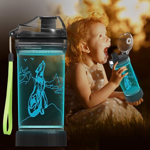زجاجة مياه للأطفال من Lightzz مع ضوء LED متوهج ثلاثي الأبعاد - 14 أونصة من تريتان خالية من مادة BPA - هدية إبداعية مثالية للسفر كهدية للمدرسة والأطفال الصغار وعطلات التخييم والنزهات in Saudi Arabia
