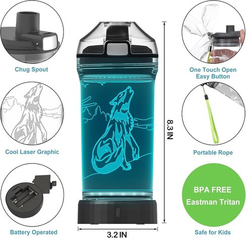 زجاجة مياه للأطفال من Lightzz مع ضوء LED متوهج ثلاثي الأبعاد - 14 أونصة من تريتان خالية من مادة BPA - هدية إبداعية مثالية للسفر كهدية للمدرسة والأطفال الصغار وعطلات التخييم والنزهات in Saudi Arabia