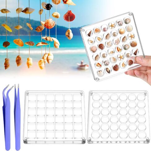 4 Pcs Acrylic Magnetic Seashell Display Box Clear Acrylic Seashell Storage Box Jewelry Beads Display Organizer Case Round and Square Container with 2 Tweezers for Shellfish, 36 Grids in Saudi Arabia