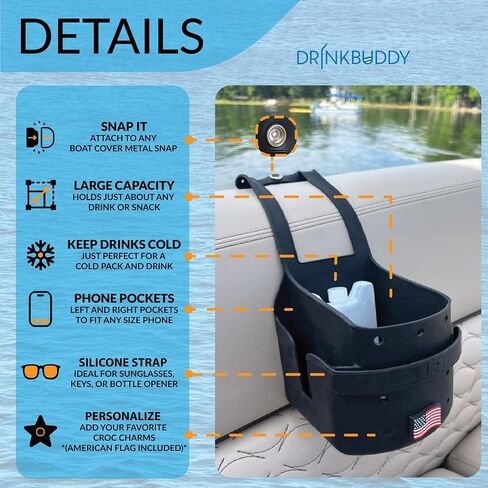 حامل أكواب المشروبات العالمي مقاس XL من Just DrinkBuddy | كبير جدًا مع جيوب جانبية للهاتف | مثالي للشاطئ أو كرسي الاسترخاء | حامل هاتف على شكل كأس عربة الأطفال | احتفظ بملحقات القارب أو المطبخ أو المكتب أو السيارة in Saudi Arabia