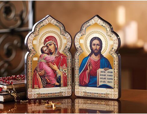 Needzo Classic Wood Icon Diptych، تتميز بأيقونات عذراء فلاديمير والمسيح المعلم، ديكور منزلي ديني، 17.78 سم in Saudi Arabia