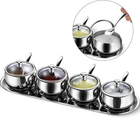 4 قطع 10oz 304 الفولاذ المقاوم للصدأ وعاء التوابل مجموعة التوابل جرة بهار جرة العلب الأواني الملح بهار تخزين المنظمون وعاء السكر مع 4 ملعقة غطاء وقاعدة in Kuwait