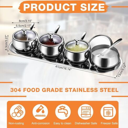 4 قطع 10oz 304 الفولاذ المقاوم للصدأ وعاء التوابل مجموعة التوابل جرة بهار جرة العلب الأواني الملح بهار تخزين المنظمون وعاء السكر مع 4 ملعقة غطاء وقاعدة in Kuwait