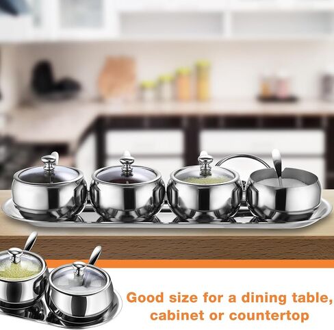 4 قطع 10oz 304 الفولاذ المقاوم للصدأ وعاء التوابل مجموعة التوابل جرة بهار جرة العلب الأواني الملح بهار تخزين المنظمون وعاء السكر مع 4 ملعقة غطاء وقاعدة in Kuwait