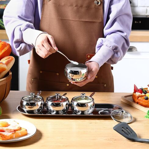 4 قطع 10oz 304 الفولاذ المقاوم للصدأ وعاء التوابل مجموعة التوابل جرة بهار جرة العلب الأواني الملح بهار تخزين المنظمون وعاء السكر مع 4 ملعقة غطاء وقاعدة in Kuwait