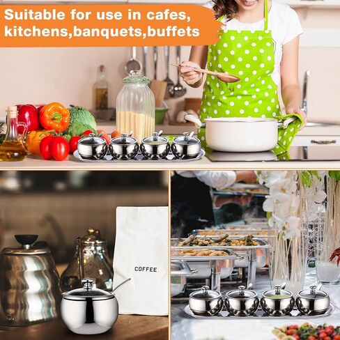 4 قطع 10oz 304 الفولاذ المقاوم للصدأ وعاء التوابل مجموعة التوابل جرة بهار جرة العلب الأواني الملح بهار تخزين المنظمون وعاء السكر مع 4 ملعقة غطاء وقاعدة in Kuwait