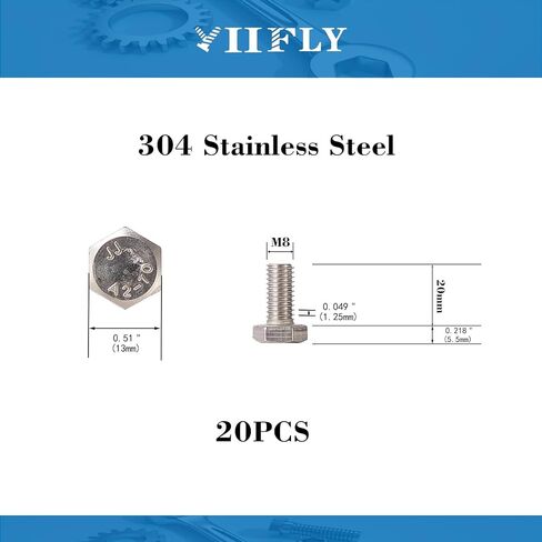 M8 x 20mm Hex Head Screw Bolt, 304 Stainless Steel(A2-70), Bright Finish, Fully Threaded, Hexagon Head Bolts, Quantity 20 in Saudi Arabia