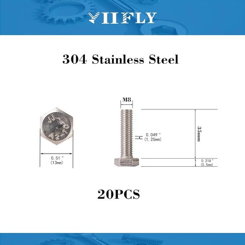 M8 x 20mm Hex Head Screw Bolt, 304 Stainless Steel(A2-70), Bright Finish, Fully Threaded, Hexagon Head Bolts, Quantity 20 in Saudi Arabia
