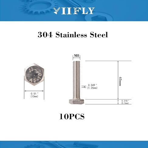 M8 x 20mm Hex Head Screw Bolt, 304 Stainless Steel(A2-70), Bright Finish, Fully Threaded, Hexagon Head Bolts, Quantity 20 in Saudi Arabia