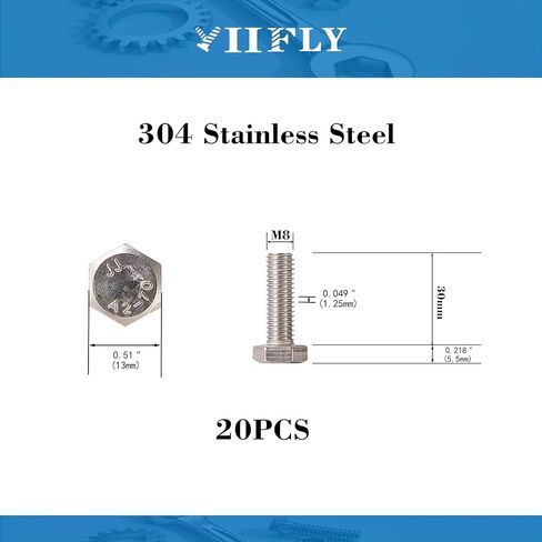 M8 x 20mm Hex Head Screw Bolt, 304 Stainless Steel(A2-70), Bright Finish, Fully Threaded, Hexagon Head Bolts, Quantity 20 in Saudi Arabia