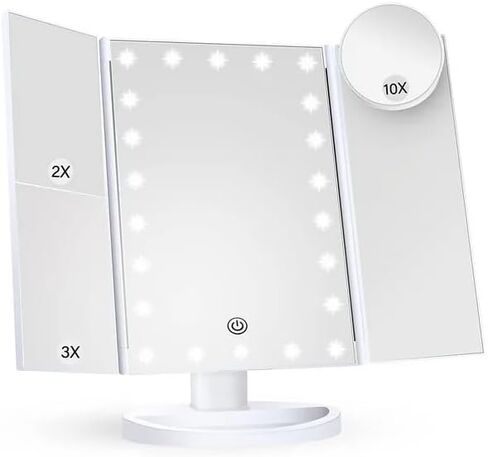 Makeup Mirror Vanity Mirror with Lights, 2X 3X 10X Magnification, Trifold Lighted Makeup Mirror, Touch Control, Dual Power Supply, Portable LED Vanity Mirror for Women Gift - Black in Saudi Arabia