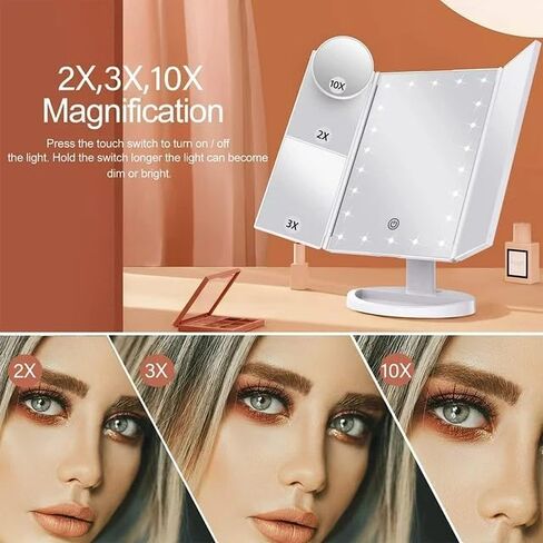 Makeup Mirror Vanity Mirror with Lights, 2X 3X 10X Magnification, Trifold Lighted Makeup Mirror, Touch Control, Dual Power Supply, Portable LED Vanity Mirror for Women Gift - Black in Saudi Arabia