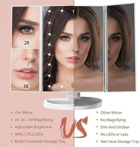 Makeup Mirror Vanity Mirror with Lights, 2X 3X 10X Magnification, Trifold Lighted Makeup Mirror, Touch Control, Dual Power Supply, Portable LED Vanity Mirror for Women Gift - Black in Saudi Arabia