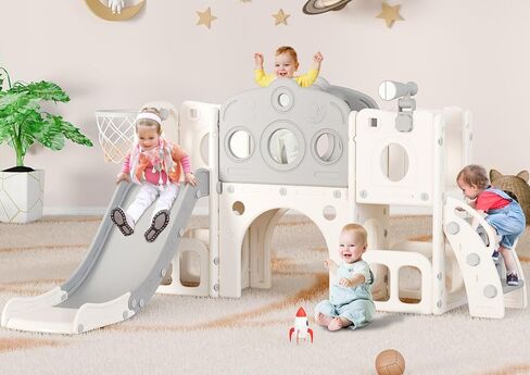 Toddler Slide Set, 8 in 1 Kids Slide with Climber, Indoor Outdoor Slide for Toddlers Age 1-3, Toddler Playset with Basketball Hoop and Tunnel, Toddler Indoor Outdoor Playground (White&Gray) in Saudi Arabia