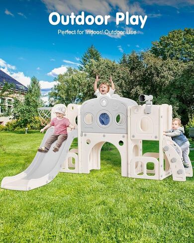 Toddler Slide Set, 8 in 1 Kids Slide with Climber, Indoor Outdoor Slide for Toddlers Age 1-3, Toddler Playset with Basketball Hoop and Tunnel, Toddler Indoor Outdoor Playground (White&Gray) in Saudi Arabia