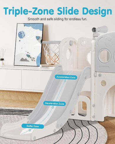 Toddler Slide Set, 8 in 1 Kids Slide with Climber, Indoor Outdoor Slide for Toddlers Age 1-3, Toddler Playset with Basketball Hoop and Tunnel, Toddler Indoor Outdoor Playground (White&Gray) in Saudi Arabia