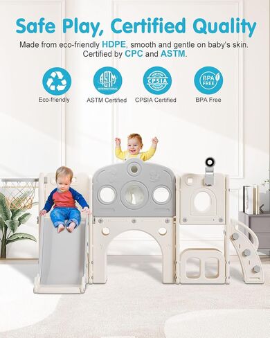 Toddler Slide Set, 8 in 1 Kids Slide with Climber, Indoor Outdoor Slide for Toddlers Age 1-3, Toddler Playset with Basketball Hoop and Tunnel, Toddler Indoor Outdoor Playground (White&Gray) in Saudi Arabia