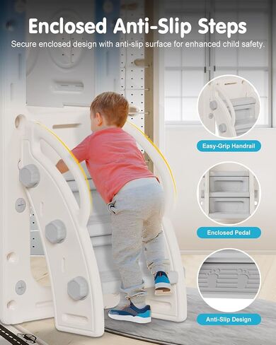 Toddler Slide Set, 8 in 1 Kids Slide with Climber, Indoor Outdoor Slide for Toddlers Age 1-3, Toddler Playset with Basketball Hoop and Tunnel, Toddler Indoor Outdoor Playground (White&Gray) in Saudi Arabia