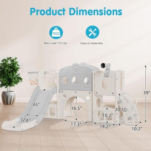 Toddler Slide Set, 8 in 1 Kids Slide with Climber, Indoor Outdoor Slide for Toddlers Age 1-3, Toddler Playset with Basketball Hoop and Tunnel, Toddler Indoor Outdoor Playground (White&Gray) in Saudi Arabia
