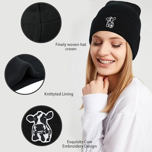 Scottish Highland Cow Beanie Hat Black, Cute Funny Cow Embroidery Winter Knit Skull Cap for Adult Men Women in Saudi Arabia