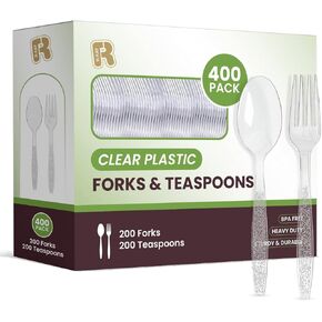 400 Count Plastic Silverware Heavy Duty - Clear Plastic Forks And Spoons Set - BPA Free Plastic Utensils Set - Heat Resistance Plastic Cutlery For All Occasions - 200 Forks And 200 Plastic Spoons