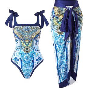 Women One Piece Swimsuit with Matching Cover Ups Womens Swimsuits with Skirt High Cut Push Up 5 Pc Bathing Suit Deep Blue