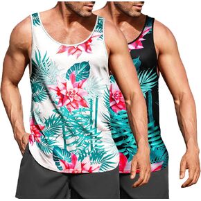 COOFANDY Mens Floral Tank Top Beach Summer Graphic Hawaii All Over Print Vacation T Shirt 2 Pack-Black/White Medium Sleeveless