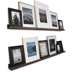 Rustic State Ted Narrow Wall Mount Wood Picture Ledge Photo Frame Display - Floating Shelf for Living Room, Office, Kitchen, Bedroom, Bathroom Décor - 52 Inch - Set of 2 - Burnt Brown
