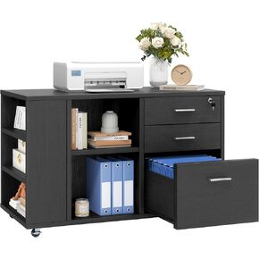 DWVO File Cabinet with Charging Station, 3 Drawer Mobile Office Furniture, Lateral Filing Cabinet with Lock, Printer Stand with Open Storage Shelf for Home Office, Brown