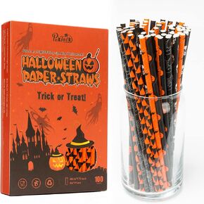 Halloween Straws, 6 Mixed Style Orange Black and White Halloween Paper Straws, Biodegradable Pumpkin Bat Spider Skull Drinking Straws for Halloween Party Supplies (0.24" x 7.75", 100 Packs)