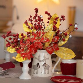 4 قطع كبيرة من زهور ماغنوليا اللامعة لعيد الميلاد من الذهب الاصطناعي المطرز بزهور ماغنوليا مع كرات عيد الميلاد زخرفة التوت الأحمر وأوراق الذهب فروع لحفلة عيد الميلاد ديكور شجرة عيد الميلاد in Kuwait