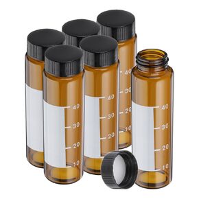 PATIKIL 6pcs 50ml Small Clear Glass Vials with White Screw Cap, Borosilicate Glass Graduated Sample Bottles with Writing Label for Solid Liquid Powder Storage