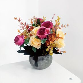 Artificial Flowers Mini Potted Plants, Antique Rose & Champagne Rose Red Eucalyptus + Paper Pulp Round Vase, Small Fake Plant Potted Decor for Offices, Bookshelf, Bedroom, Living Room, Party, Wedding