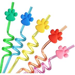 24 Paw Birthday Party Supplies Paw Print Drinking Straws with 2 PCS Straws Patrol Cleaning Brush for Pet Dog Puppy Pals Cat Birthday Decorations Favors