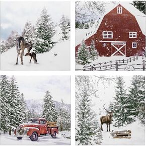 ArtbyHannah 12x12 Inch Christmas Canvas Wall Art, 4 Pack Framed Christmas Wall Art, Christmas Wall Decor with Winter Snowy Forest Scene, Vintage Christmas Decorations Indoor for Home Decor as Christmas Gift
