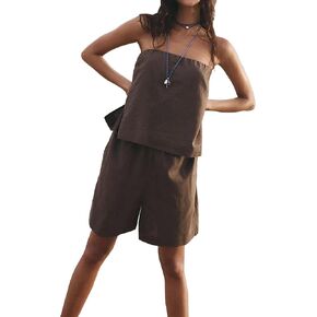 Women's 2 Piece Sets Linen Outfits Tank Crop Top Matching Shorts Casual Summer Lounge Set