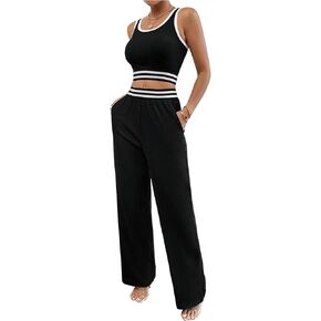 Floerns Women's 2 Piece Outfits Contrast Binding Crop Tank Top and Pants Sets with Pocket Lounge Set Tracksuit