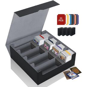 Trading Card Storage Box 3200+, Card Deck Box For Mtg Cards With 24 Pcs Colorful Card Dividers, PU Leather Commander Card Deck Case Fits For Magic Game Cards, Sports Cards (Black & Grey)
