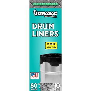 Ultrasac - Heavy Duty Drum Liner, 55-60 Gallon, 2 Mil, 38"x58", Black, 50 Count/w Ties