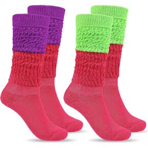 2 Pairs Women Slouch Socks Soft Scrunch Socks 80s Neon Long Stack Socks Thigh High Boot Scrunchie Socks Size 9-11