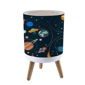 Round Trash Can with Press Lid Space Theme Solar System Kids Cartoon Planet Seamless Rocket UFO Small Garbage Can Trash