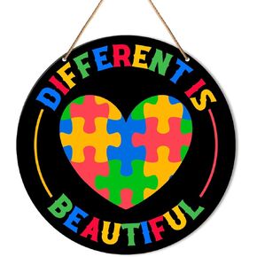 Muktoujaumai Autism Awareness Sign Decor, Autism Hanging Sign Decor Wall Decorations Wood Sign for Door, Home, Classroom, Gift for Autism Family Mom, Different Is Beautiful