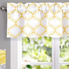 Moroccan Geometric Boho Valances for Windows Yellow and White Valance Curtains for Kitchen Living Room Bedroom Quatrefoil Trellis Printed 3 Inch Rod Pocket Short Window Curtains 52 Inch X 14 Inch