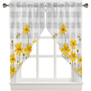 Floral Swag Valance Curtains Yellow Honey Bee Summer Flowers Grey Plaid Rod Pocket Kitchen Curtains Scalloped Window Treatment Valances Swag Curtains for Living Room, 1 Pair, 28"W x 36"L