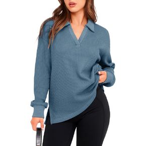 Glamaker Women's Waffle Knit Sweatshirt Casual V Neck Long Sleeve Pullover Tops Fall Outfits 2024